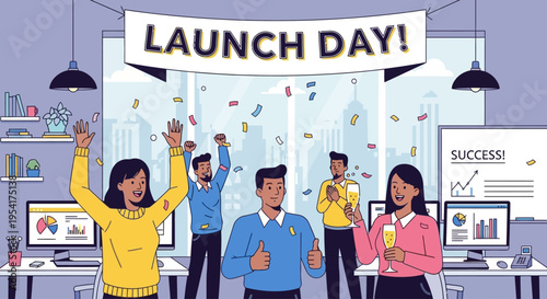 Diverse business team celebrates a successful product launch day in a modern office.