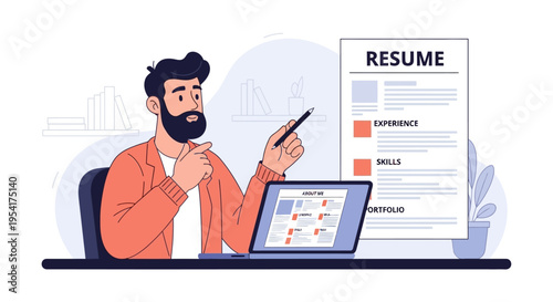 Man creating or updating a resume on his laptop for a job application.