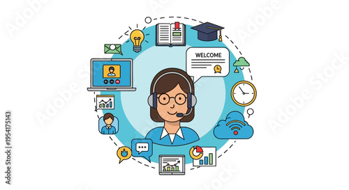 Online learning and virtual education concept with a smiling teacher or customer support agent.