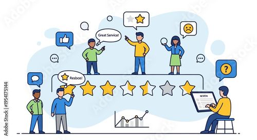 Customers giving feedback and star ratings for service evaluation process.