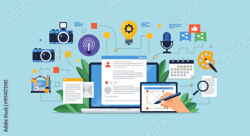 Digital content creation and marketing strategy with online media tools.