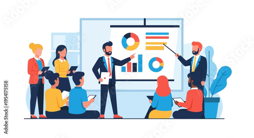 Business professionals collaborate on a data presentation in a modern office setting.