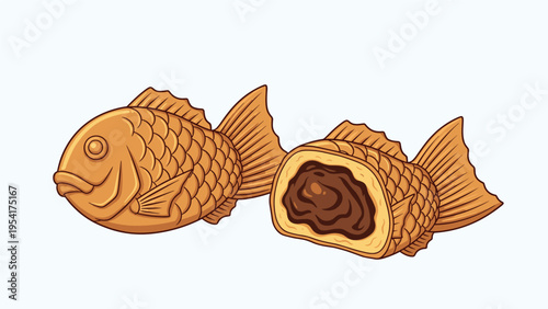 Traditional Japanese taiyaki fish-shaped cakes filled with sweet red bean paste shown whole and sliced open on a clean light blue background.