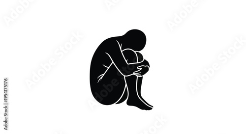 Sad person sitting alone in depression isolated on white background, silhouette of sorrowful man or woman in emotional distress, mental health concept