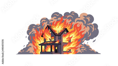 Two story residential house completely engulfed in bright orange flames and thick gray smoke representing a devastating fire and property loss.