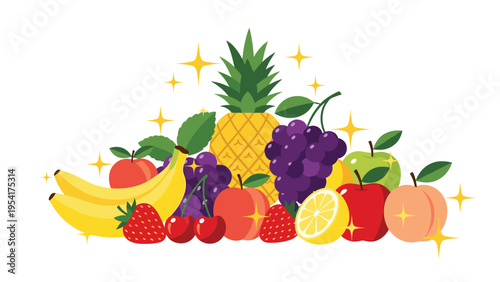 Pile of fresh assorted fruits including pineapple, grapes, apples, bananas, and strawberries with sparkling stars representing health and quality.