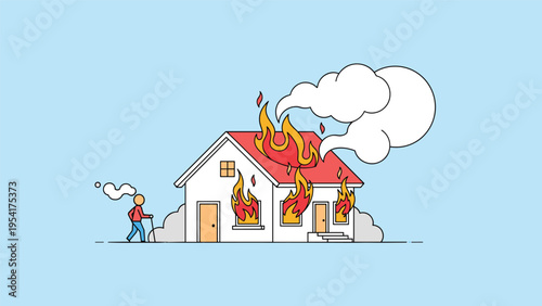 Simple drawing of a man walking with a cane away from a house that is on fire with clouds of smoke against a light blue background representing loss.