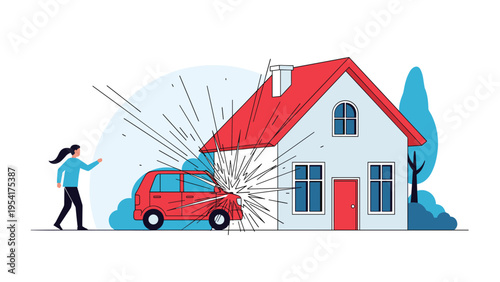 Small red car crashing into a house causing a large impact effect while a person watches in shock symbolizing accidents and home insurance claims.