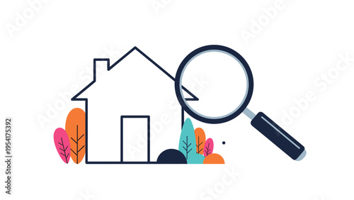 Simple outline of a house being examined through a large magnifying glass representing real estate search, property inspection, and home finding.