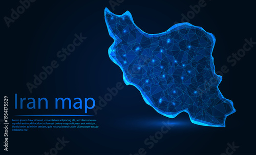 Iran map with glowing blue polygonal mesh on a dark background, symbolizing digital transformation and global connectivity.