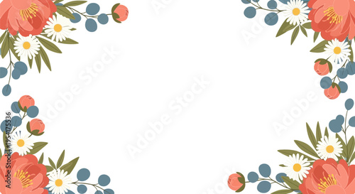 floral frame with pink flowers and leaves.