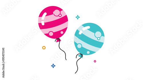 Two colorful floating balloons with light patterns and sparkling stars on a white background for a joyful and festive party atmosphere design.