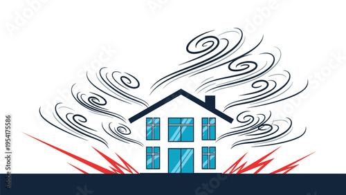 Modern two story house being buffeted by strong winds and swirl effects representing severe weather conditions like hurricanes or typhoons.