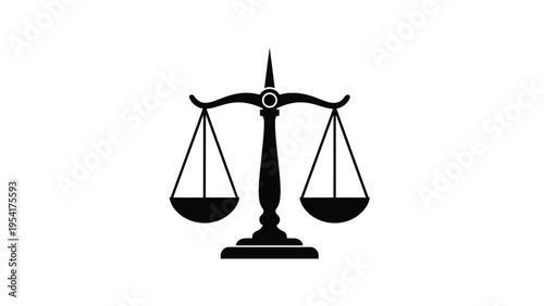 Solid black silhouette of a classic balance scale on a white background representing justice, law, and the weighing of evidence in a court of law.