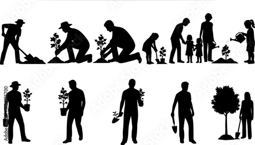 Silhouette of people planting trees various poses set collection. Family gardening and planting trees outdoor different poses silhouette set.
