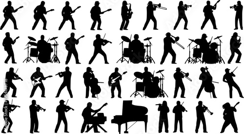 Large group silhouettes set of musicians playing various musical instruments vector collection.
