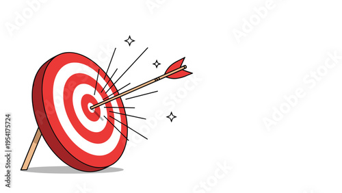 Archery target with a red and white bullseye and an arrow hit exactly in the center representing success and goal achievement.