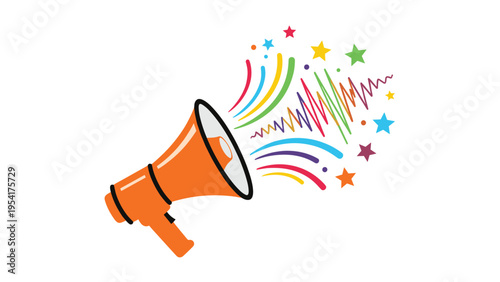 Bright orange megaphone with colorful stars and vibrant sound wave lines representing public announcement or loud promotion.