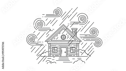 Detailed line drawing of a wooden house during a storm with swirling wind and heavy rain lines on a white background.