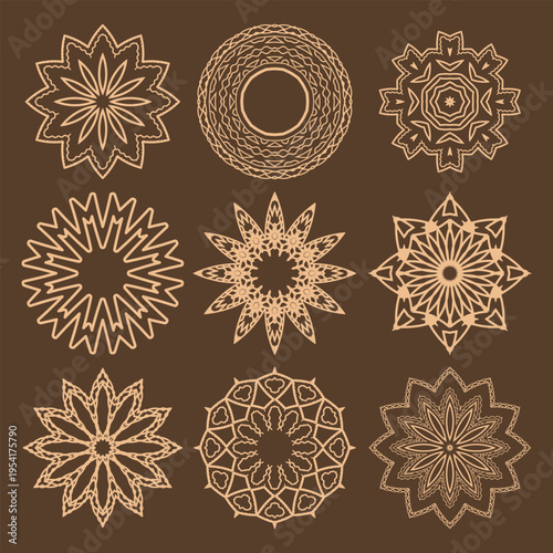 Nine exquisite beige mandalas on a brown background. Vector set