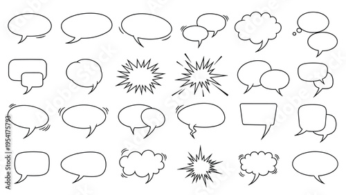 Set of hand-drawn comic style speech bubbles and explosive bursts for manga or illustration projects in black and white.