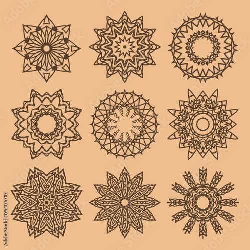 Nine exquisite brown mandalas on a beige background. Vector set