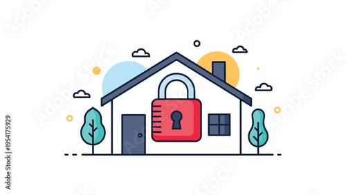 Simple house icon with a large red padlock over it symbolizing home security systems and property protection on a white background.