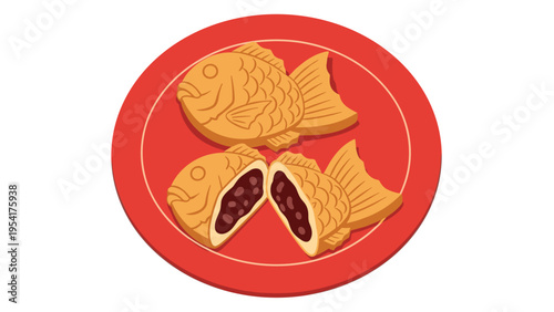 Traditional fish shaped taiyaki cakes on a red plate with one split open to reveal the sweet red bean paste filling inside.