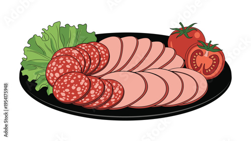 Platter of varied deli meats including sliced salami and ham arranged with fresh lettuce leaves and ripe red tomatoes on the side.