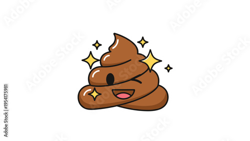 Friendly cartoon poop emoji character with a big smile a wink and sparkling gold stars for a fun and playful expression.