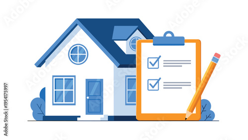 Modern blue and white house next to a clipboard checklist with an orange border to illustrate property inspection or appraisal process.
