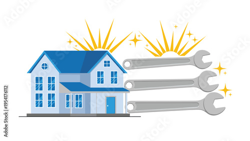 Suburban house being repaired and renovated with three large metal wrenches and shining sparkles to represent professional home maintenance.