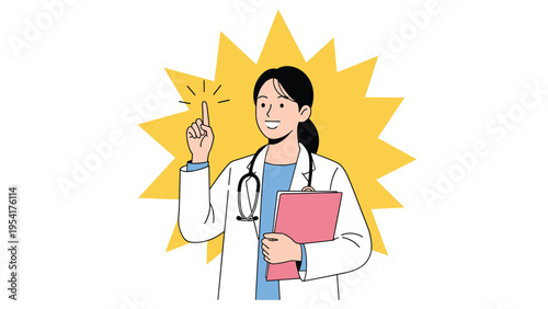 Friendly female doctor in a white coat and blue scrubs pointing upward with a smile while holding a pink medical chart or folder in her arm.