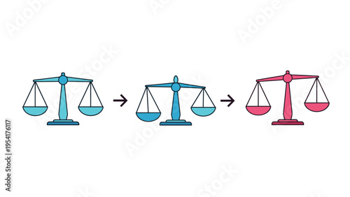 Sequence of three balance scales transitioning from blue to pink to show a comparison or change in weight and value in a clean vector style.