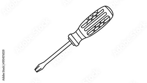 Minimalist black and white outline illustration of a Phillips head screwdriver used for home improvement and mechanical repair projects.