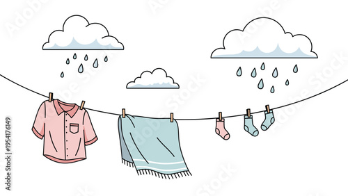 Wet clothes and laundry hanging on a line while rain drops fall from grey clouds representing an unfortunate weather day for drying garments.