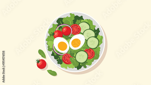 Top down view of a healthy salad bowl containing fresh lettuce sliced eggs tomatoes cucumbers and onions on a cream colored background.