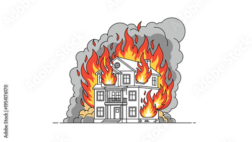 Residential house engulfed in bright orange flames and thick grey smoke during a house fire emergency situation in a flat vector style.
