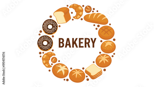 Circular wreath frame made from various bakery products including bread loaves donuts and croissants with the word bakery in the center.