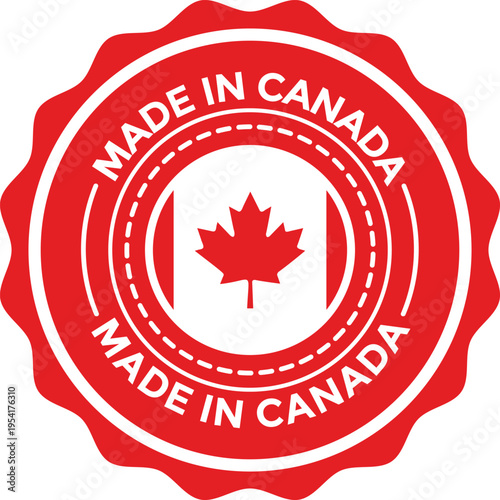 Made in Canada red round vector badge with maple leaf icon, perfect for product labeling, packaging, and branding to signify Canadian origin and quality.