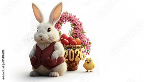 Easter rabbit wearing vest standing near basket with colored egg and flower decorated with number 2026. Little chicken beside festive basket. Spring holiday greeting card composition.
