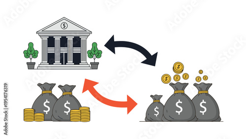Financial illustration showing the flow of money between a bank building and several bags of cash with coins using arrows for transaction.