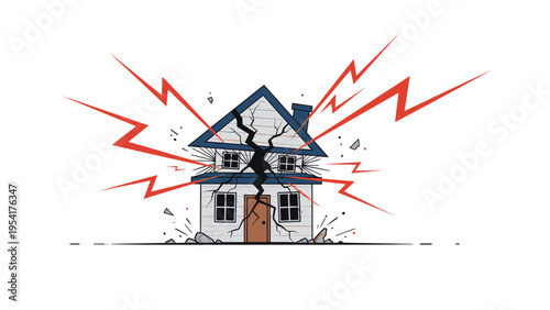 Suburban house being torn apart by a massive crack and red lightning lines representing a catastrophic earthquake or structural failure.