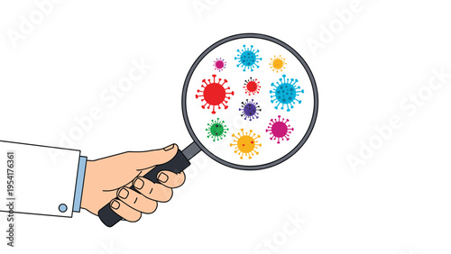 Hand holding a magnifying glass to inspect various colorful virus and bacteria particles representing medical research and lab testing.