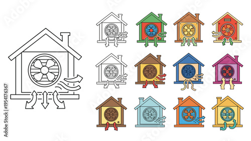 Set of house icons with different colored backgrounds showing ventilation systems and fans for indoor air quality and temperature control.