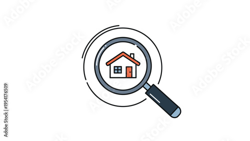 Magnifying glass icon focusing on a simple house illustration representing real estate search and property inspection concepts.