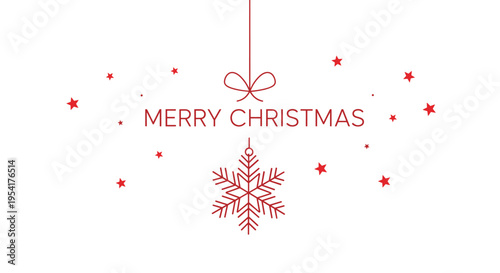 Minimalist merry christmas greeting card design with a red snowflake hanging from a string with stars on white background.