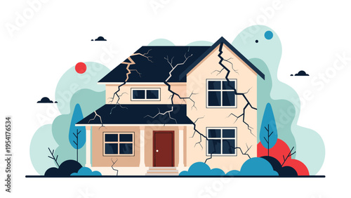 Two story residential building showing significant structural damage with large cracks appearing across the entire exterior.