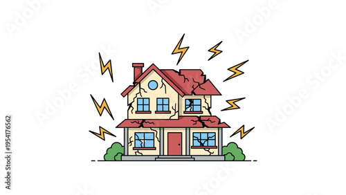 Small residential home being struck by multiple yellow lightning bolts causing severe cracks and damage to the structure.