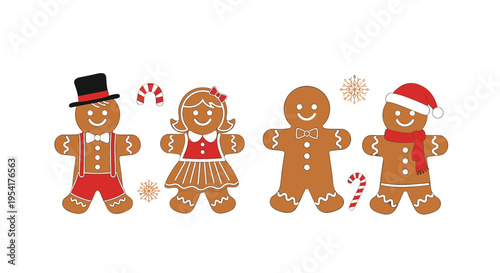 Set of gingerbread man cookies dressed in festive christmas outfits including a top hat santa hat and scarf with candy canes.